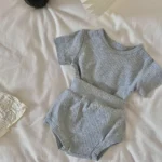 2psc Summer Baby for Boys and Girls Casual Short Elasticity Sleeve Top + Shorts Solid Color Kids One-Piece Fashion Baby Clothing - Image 5
