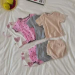2psc Summer Baby for Boys and Girls Casual Short Elasticity Sleeve Top + Shorts Solid Color Kids One-Piece Fashion Baby Clothing - Image 2