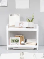 1PC PP Desktop Double Layer Storage Rack Rectangular White Organizing Student Desk Office Cosmetics Stationery - Image 2