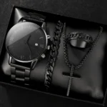 4-piece/set men's black minimalist quartz watch set with bracelet, necklace, and ring -