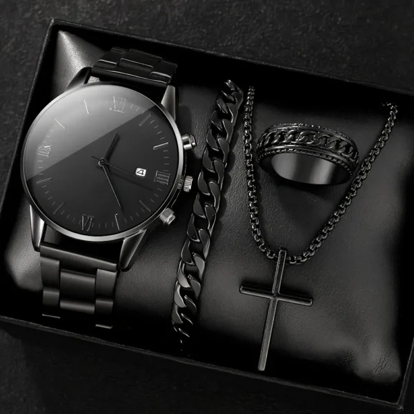4-piece/set men's black minimalist quartz watch set with bracelet, necklace, and ring -