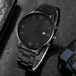 4-piece/set men's black minimalist quartz watch set with bracelet, necklace, and ring - - Image 5
