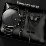 4-piece/set men's black minimalist quartz watch set with bracelet, necklace, and ring - - Image 9