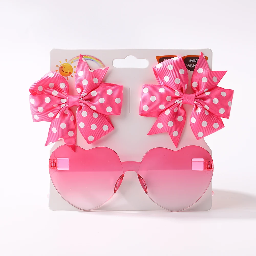 Sdb93f1ab65d947eba9d6a8620d56a49c5.webp 3Pcs/Pack Solid Dot Hair Bows Clip Girls Boutique Bowknot Hair Clips Kids Colorful Heart Sun Glasses Children Hair Accessories - Image 1