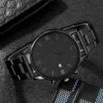 4-piece/set men's black minimalist quartz watch set with bracelet, necklace, and ring - - Image 2