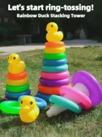 Yellow Duck Rainbow Tower Stacked Circle Toy Plastic Rainbow Circle Toy Circle Toss Toy Interactive Game Birthday Gifts