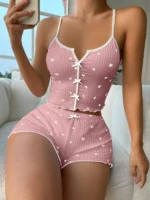 Sexy Heart Print Pajama Set for Women Sleepwear Silk Stain V-Neck Sleeveless Casual Cami Top and Shorts Sets Loungewear - Image 8