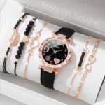 6PCS/Set Fashion Heart Dial Women's Watch Casual Leather Band Analog Quartz Watch Leaf Bracelets Set(Without Box) - Image 3