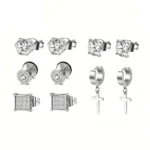 5 Pairs Stainless Steel Earrings Cross Dangle Hinged Earrings, Cubic Zirconia Stud Earrings For Men, Ear Piercing Jewelry - Image 8