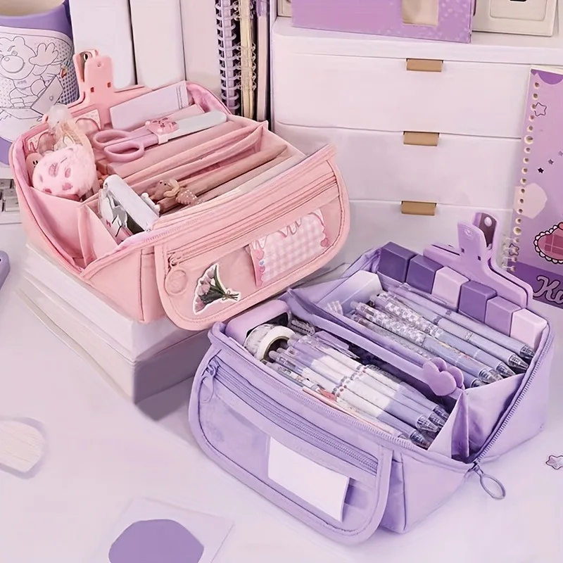 S0d41ef89f4cc4e6ebd4abe84177ee3e6B.webp Large Capacity Pencil Case Organizer - Multi-Compartment Desktop Storage for School & Office Supplies ( Pink/Purple/Black) - Image 1
