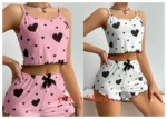 Women's Pajamas Set Sleepwear 2 PCS Short Tank Tops And Shorts S M L White Ventilate Soft Casual Love Printing - Image 19