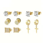 5 Pairs Stainless Steel Earrings Cross Dangle Hinged Earrings, Cubic Zirconia Stud Earrings For Men, Ear Piercing Jewelry - Image 9