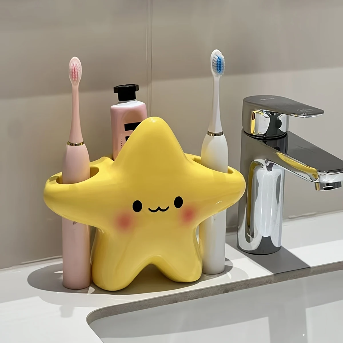 S1f6a955843c8481bb1d514541b365ece7.webp Cute Star-Shaped Toothbrush Holder Freestanding Bathroom Organizer with Cute Face Design, Space-Saving Toothbrush & Toothpaste - Image 1