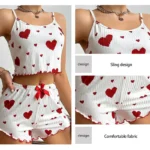 Women's Pajamas Set Sleepwear 2 PCS Short Tank Tops And Shorts S M L White Ventilate Soft Casual Love Printing - Image 4