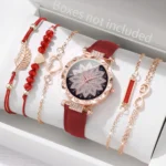 6PCS/Set Fashion Heart Dial Women's Watch Casual Leather Band Analog Quartz Watch Leaf Bracelets Set(Without Box) - Image 4