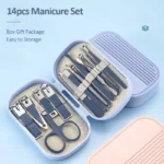 14 Piece Deluxe Manicure & Pedicure Set Pink And Blue Stainless Steel Nail Scissors, Clippers, Ear Digging Spoon for Men & Women - Image 3