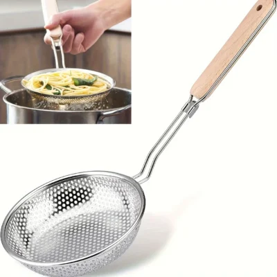 stainless steel mesh skimmer with wooden handle