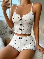 Sexy Heart Print Pajama Set for Women Sleepwear Silk Stain V-Neck Sleeveless Casual Cami Top and Shorts Sets Loungewear - Image 7