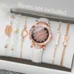 6PCS/Set Fashion Heart Dial Women's Watch Casual Leather Band Analog Quartz Watch Leaf Bracelets Set(Without Box) - Image 5