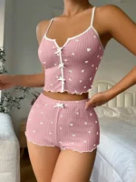 Sexy Heart Print Pajama Set for Women Sleepwear Silk Stain V-Neck Sleeveless Casual Cami Top and Shorts Sets Loungewear - Image 3