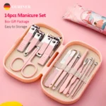 14 Piece Deluxe Manicure & Pedicure Set Pink And Blue Stainless Steel Nail Scissors, Clippers, Ear Digging Spoon for Men & Women - Image 2