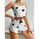 Women's Pajamas Set Sleepwear 2 PCS Short Tank Tops And Shorts S M L White Ventilate Soft Casual Love Printing - Image 20