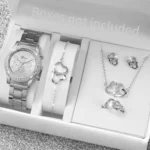 6PCS/Set Women's Watch Fashion Rhinestone Stainless Steel Band Quartz Watch Double Heart Jewelry Set(Without Box) - Image 3