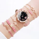 6PCS/Set Fashion Heart Dial Women's Watch Casual Leather Band Analog Quartz Watch Leaf Bracelets Set(Without Box) - Image 6