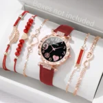 6PCS/Set Fashion Heart Dial Women's Watch Casual Leather Band Analog Quartz Watch Leaf Bracelets Set(Without Box) - Image 2