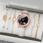 6PCS/Set Fashion Heart Dial Women's Watch Casual Leather Band Analog Quartz Watch Leaf Bracelets Set(Without Box) - Image 9
