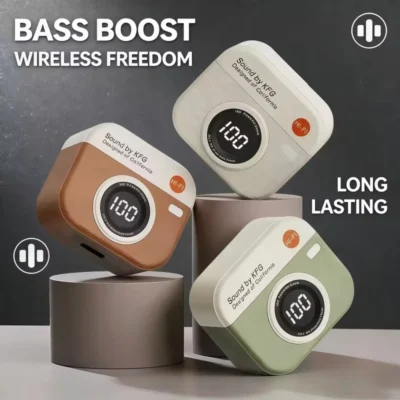 retro wireless earbuds with battery display