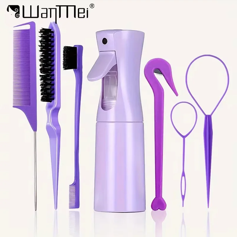 Sf48c0172e5a342b4832ab59a2a4edad62.webp 7pcs Hairdressing Tool Set Bristle Rat Tail Edge Comb Eyebrow Brush with Braiders Ponytail Creator Water Sprayer Styling Set - Image 1