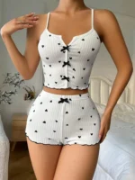 Sexy Heart Print Pajama Set for Women Sleepwear Silk Stain V-Neck Sleeveless Casual Cami Top and Shorts Sets Loungewear - Image 4