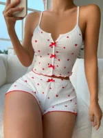 Sexy Heart Print Pajama Set for Women Sleepwear Silk Stain V-Neck Sleeveless Casual Cami Top and Shorts Sets Loungewear - Image 2